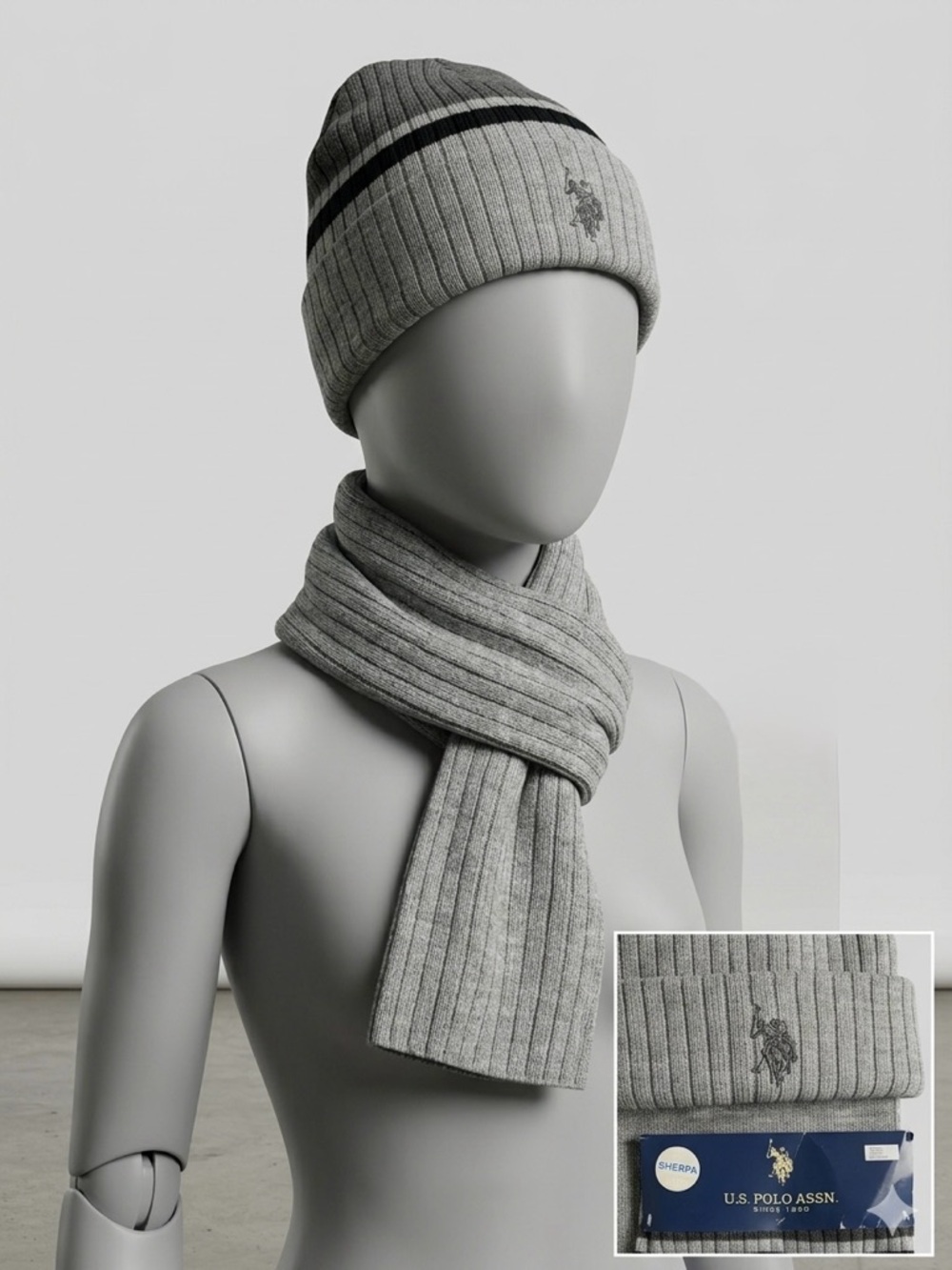U.S. Polo Assn. Grey Ribbed Knit Beanie and Scarf Set with Black Stripe